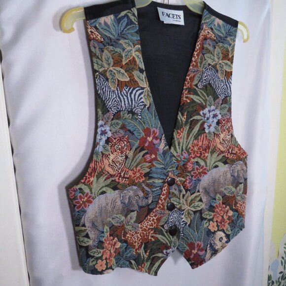 Vintage Tapestry Safari Animal Vest FACETS by MIRRORS Elephant, Zebra UNISEX - Picture 1 of 7